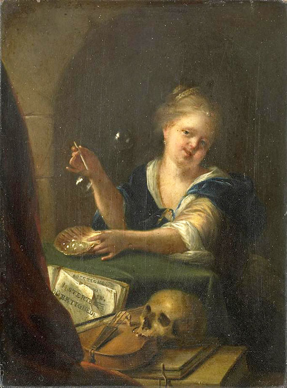 Girl blowing bubbles behind a vanitas still life